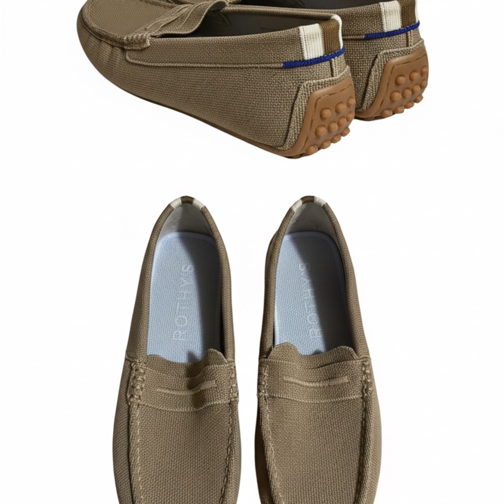 Rothy's Tan Loafers with Blue Stripe